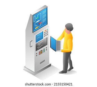 Flat isometric illustration concept. operator controlling cnc machine with program language