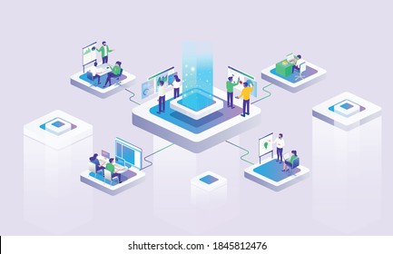 Flat isometric illustration concept. part office with team work