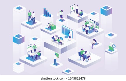 Flat isometric illustration concept. part office with team work