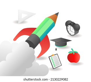 Flat isometric illustration concept. pencil rocket back to school