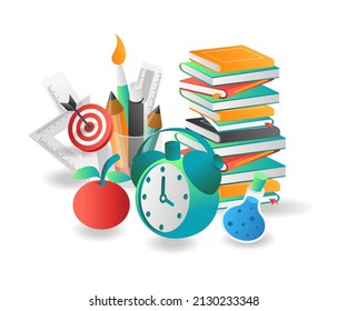 Flat isometric illustration concept. pile of books for creative students back to school