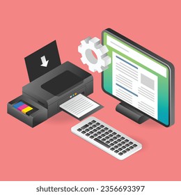 Flat isometric illustration concept print design file with computer