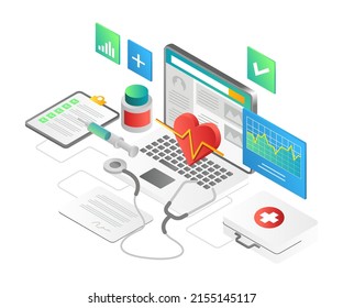 Concepto de ilustración isométrica plana. análisis de estado de procesos con datos digitales