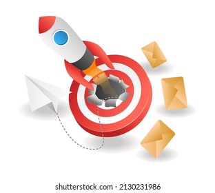 Flat isometric illustration concept. rocket launch digital email marketing strategy