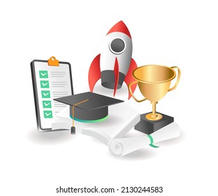 Flat isometric illustration concept. rocket launches from champion symbol book