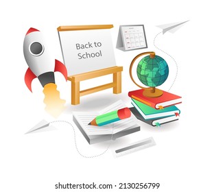 Flat isometric illustration concept. rocket launch back to school