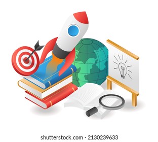 Flaches isometrisches Illustrationskonzept. Einführung einer kreativen Idee für Schulen