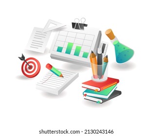 Flat isometric illustration concept. school children's creative notebooks