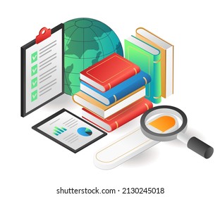 Flat isometric illustration concept. search the contents of book information on the internet