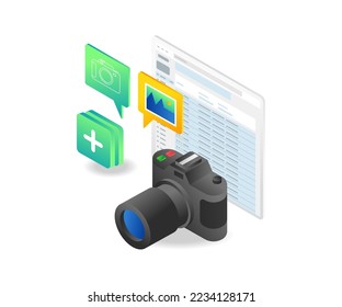 Flat isometric illustration concept of sending photography results by email