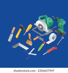 Concepto de ilustración isométrica plana de un conjunto de herramientas eléctricas de construcción manual