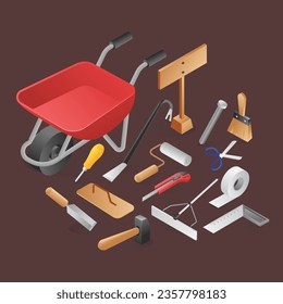 Flat isometric illustration concept of a set of manual builder tools
