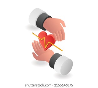 Concepto de ilustración isométrica plana. compartir la salud con el corazón