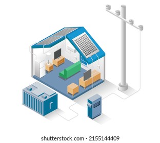 Flat isometric illustration concept. smart home with solar panels and electricity
