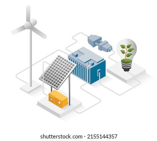 Flat isometric illustration concept. solar panels and windmills energy