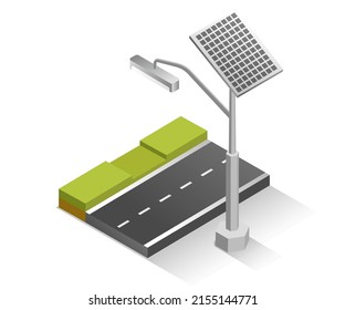 Concepto de ilustración isométrica plana. energía de panel solar en luces de calle