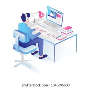 Flat isometric illustration concept. someone sitting in a chair with a computer at the table