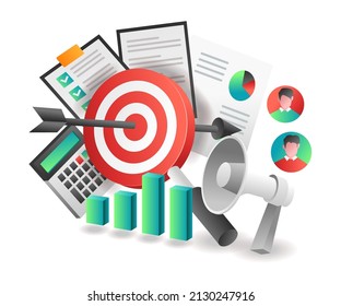 Flat isometric illustration concept. successful investment business plan target campaign