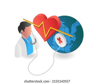 Flat isometric illustration concept. symbol of a doctor checking the world's health