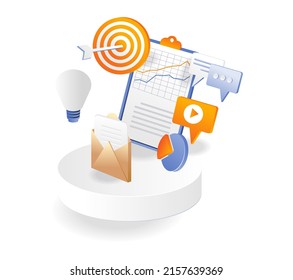 Flat isometric illustration concept. target email marketing analysis