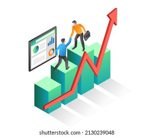 Flat Isometric Illustration Concept. Team Please Help To Succeed Together