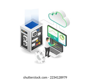 Flat isometric illustration concept technician programmer cloud server analyst