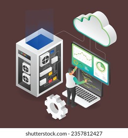 Flat isometric illustration concept technician programmer cloud server analyst