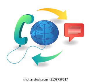 Flat isometric illustration concept. telephone communication between worlds