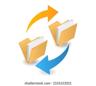 flaches isometrisches Illustrationskonzept. Datenübertragung zwischen Ordnern