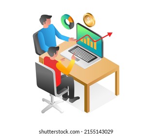 Flat isometric illustration concept. two men having a discussion about business profit and loss