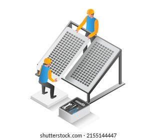 Flat isometric illustration concept. two engineering men are installing solar panels