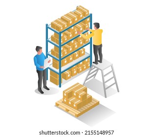 Flat isometric illustration concept. two men stacking things on a warehouse shelf