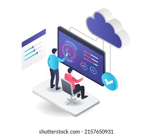 Flat isometric illustration concept. two people control cloud server from monitor