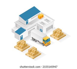 Flat isometric illustration concept. warehouse and delivery trucks