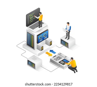Flat isometric illustration concept of web development team and app hosting