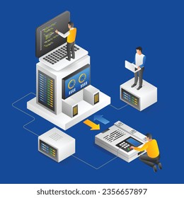 Concepto de ilustración isométrica plana del equipo de desarrollo web y alojamiento de aplicaciones