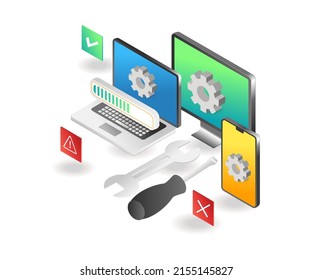 Concepto de ilustración isométrica plana. proceso de instalación adaptado a aplicaciones web