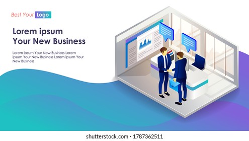 flat isometric illustration concepts, holding meetings and presentations or discussions for business
