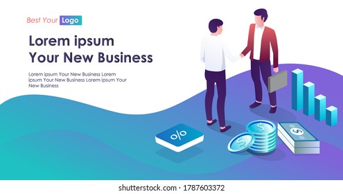 flat isometric illustration concepts, investment agreements, shake hands and give or pay investment money
