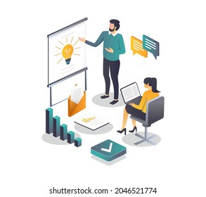 Flat Isometric Illustration Concepts, Project Implementation And Team Work Or Methods And Solutions