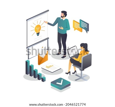 flat isometric illustration concepts, project implementation and team work or methods and solutions