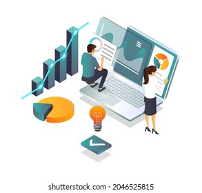 flat isometric illustration concepts, publish digital reports in real-time and analyze data