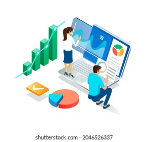 flat isometric illustration concepts, publish digital reports in real-time and analyze data or files