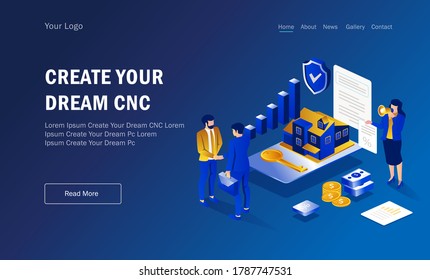 flat isometric illustration concepts, real estate investing and making agreements with shaking hands