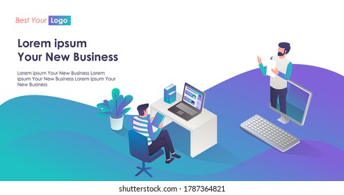 flat isometric illustration concepts, study, courses and online meetings