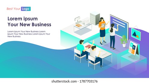 flat isometric illustration concepts, teaching and learning in schools