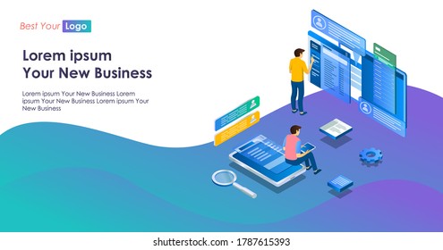 flat isometric illustration concepts, working with computers and sending files, analyzing data