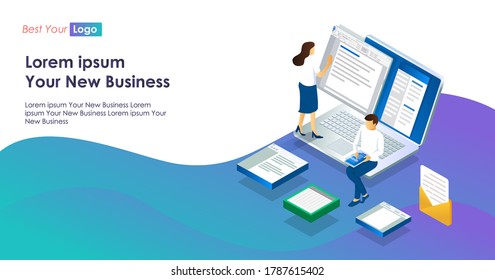 flat isometric illustration concepts, working with computers and sending files, analyzing data
