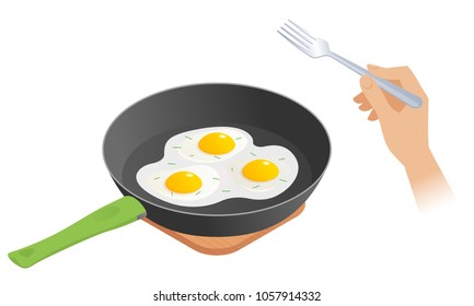 Flat isometric illustration of cooking pan with scrambled eggs, hand with fork. The morning eating of omelette from dripping pan. The breakfast, ingestion, nutrition, food, albumen, vector concept.