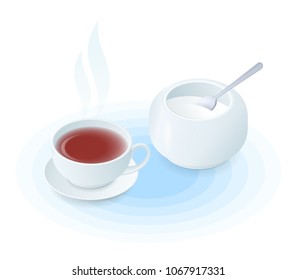 Flat isometric illustration of cup of tea and sugar basin. The hot black or herbal tea in the ceramic teacup, porcelain sugar bowl, tea spoon. Vector food, breakfast, drink elements isolated on white.